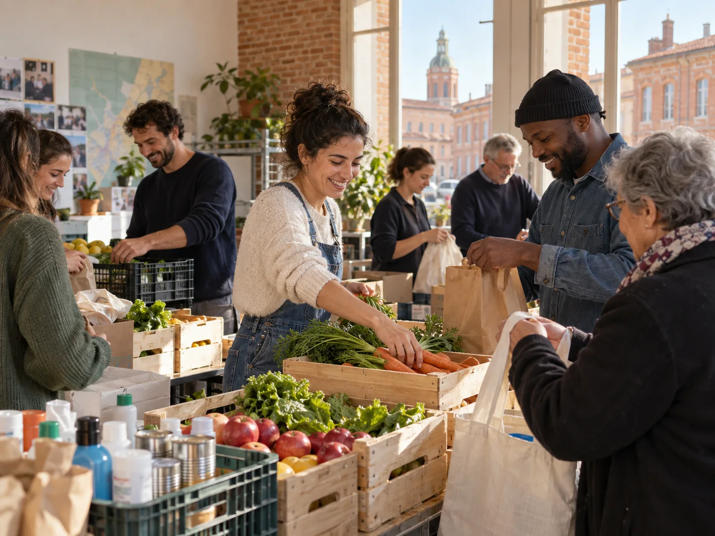 Bénévoles préparant ensemble des paniers alimentaires à Toulouse